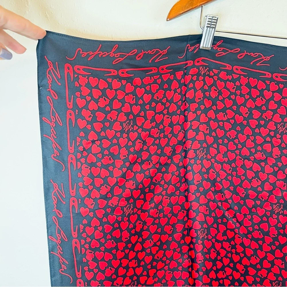 Karl Lagerfeld Paris Silk Hearts Safety Pins Red & Black Square Scarf OS NWT